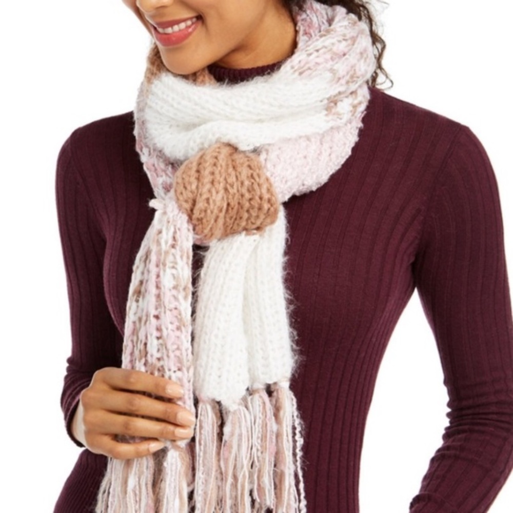INC Color Blocked Fringe Muffler Scarf Pink Ivory